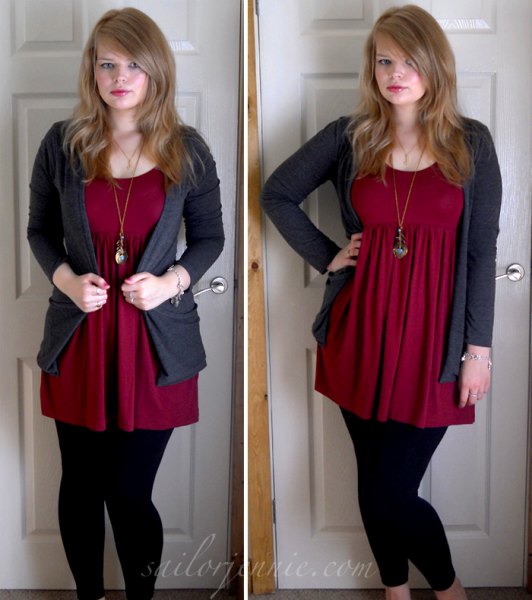 red tunic with gray cardigan and black leggings
