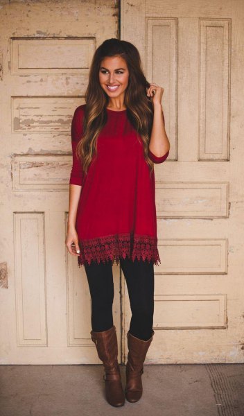 stem printed red and black tunic with middle calf leather boots