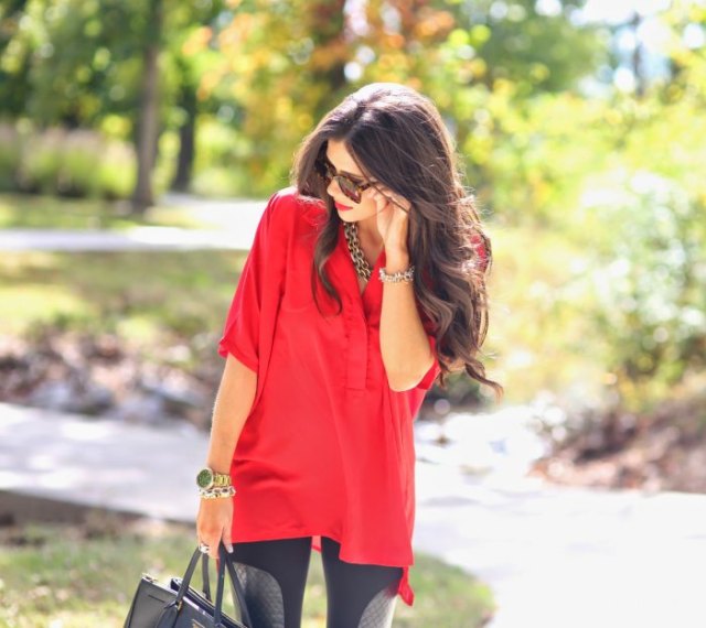 red half-heated tunic top with black leggings