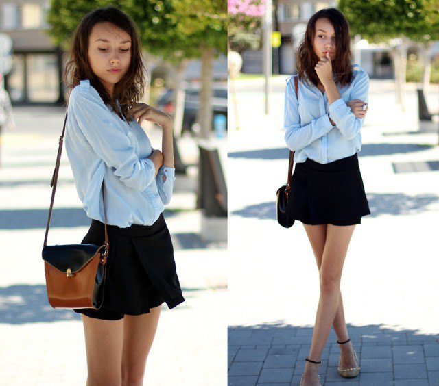 light blue button up chiffon blouse with black floating mini shorts