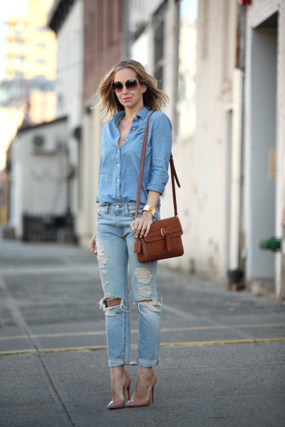 blue button up shirt with ripped boyfriend jeans