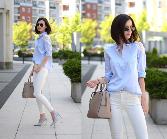 light blue blouse with white skinny jeans
