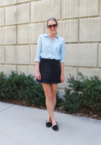 light blue halter blouse with black mini skirt