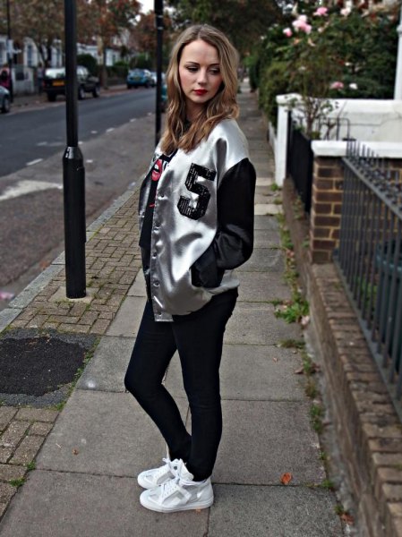 silver and black metal bomber jacket with white sneakers