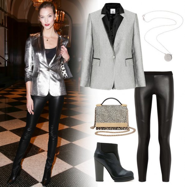 silver blue blazer with black leather pants