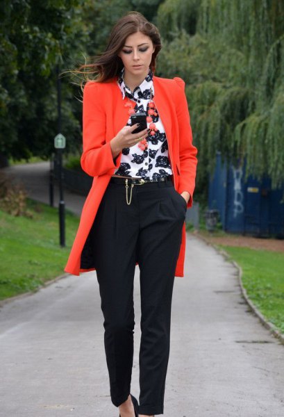 orange long blazer with white and black printed button up shirt