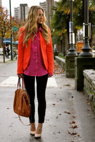 orange blazer with rouge oversized button up shirt