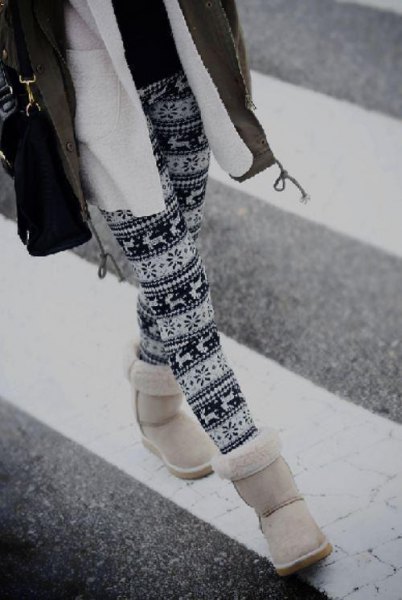 stem printed leggings and fleece jacket and white snow boots