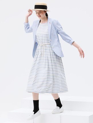 light gray and white striped midi-extended dress with baby blue blazer