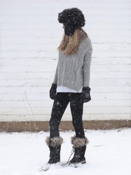 gray knitted sweater with white button shirt and snow boots in fur