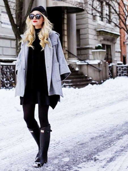 gray wool jacket with black shift mini dress and high snow boots in the knee