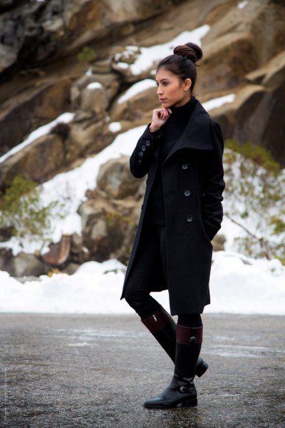 black long-line wool coat with mini dress and high knee boots