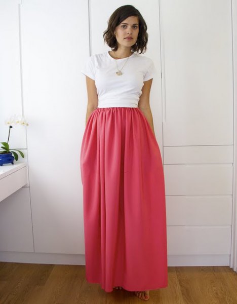 white t-shirt with high waist elasticated waist maxi warm pink skirt