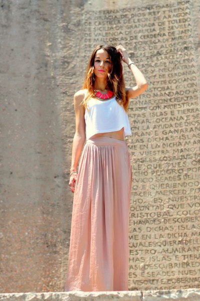 white cropped vest with pink pink maxi skirt