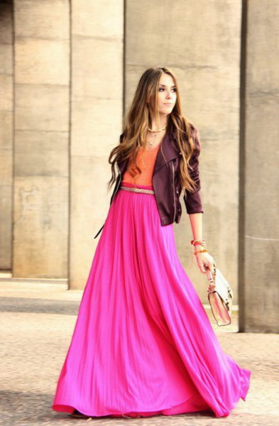 black leather jacket with hot pink maxi skirt