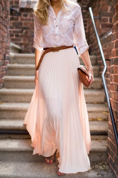 white and blush printed button up shirt with maxi pleated skirt