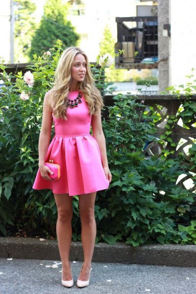 pink pink sleeveless mini skater dress with statement necklace