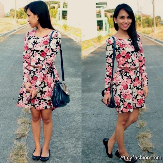 black pink and white rose printed long sleeve dress