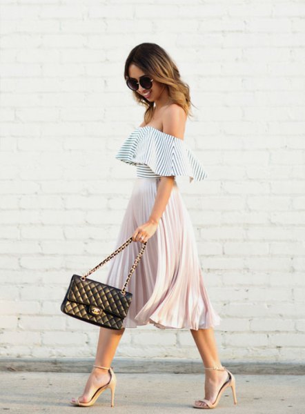 black and white from the shoulder ruffle top with pleated midi skirt