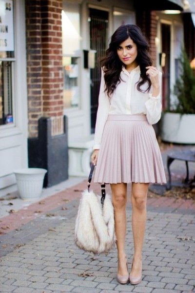 white chiffon button shirt with pale pink mini skater pleated skirt