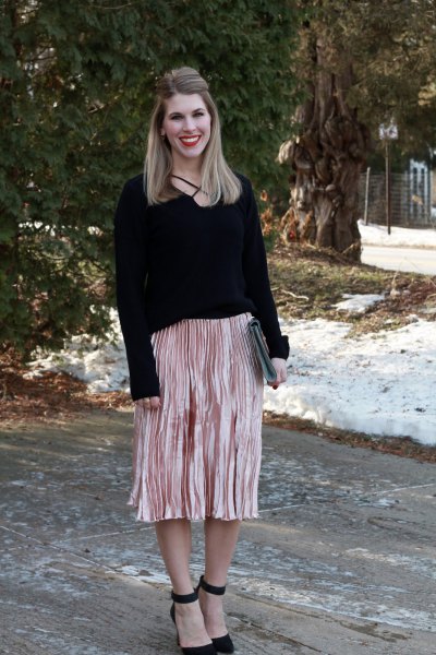 black sweater with pink gold midi pleated skirt