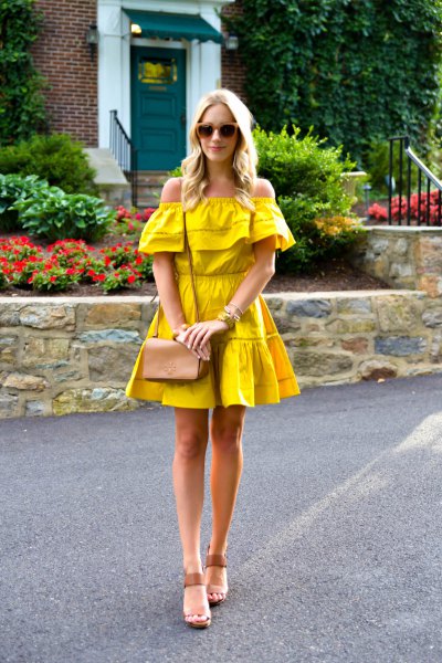 mustard yellow outside the shoulder fit and flare mini dress