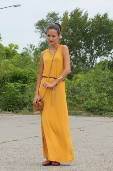 belt sleeveless mustard yellow maxi dress