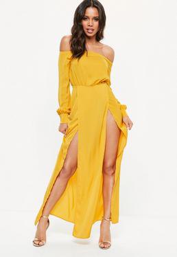 of shoulder mustard yellow maxi dress with double slit