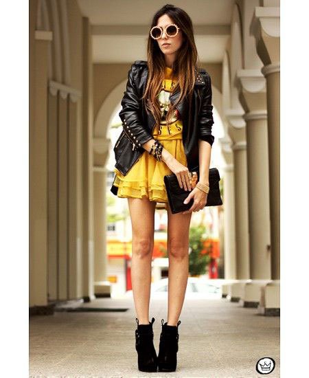 black leather jacket with mustard yellow mini multilayered dress