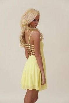 light yellow backless mini chiffon dress