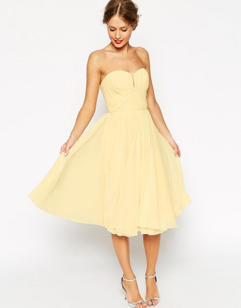 yellow strapless darling fit and flare midi dress