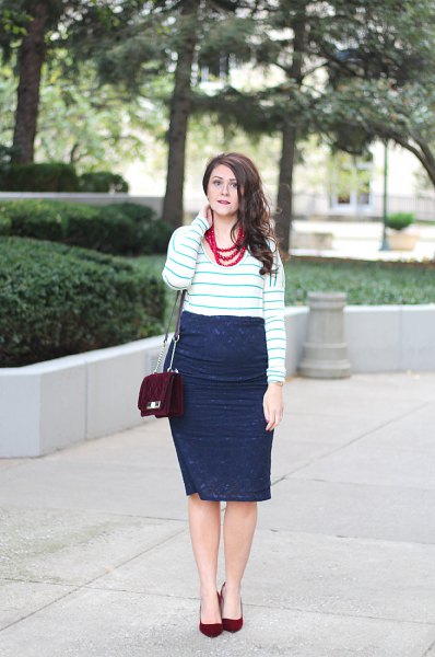 white and gray striped sweater with navy lace midi wrap skirt