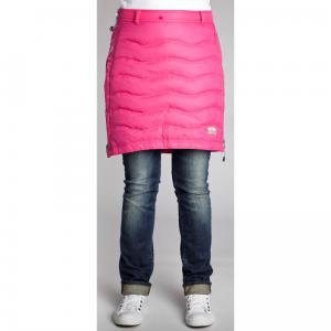 warm pink down skirt with gray blue cuffed jeans