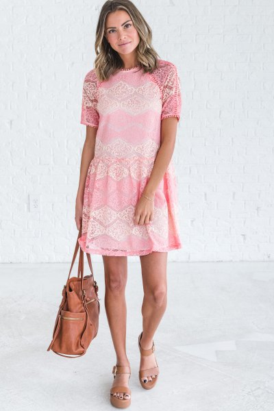 cream short sleeve mini lace dress with pink platform sandals