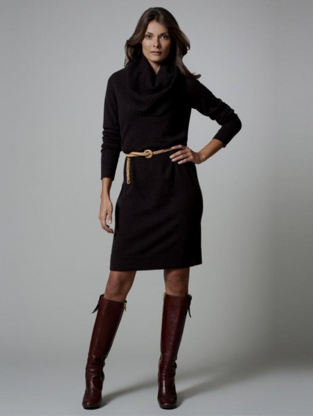 black long sleeve belt dress with knee high leather shoes