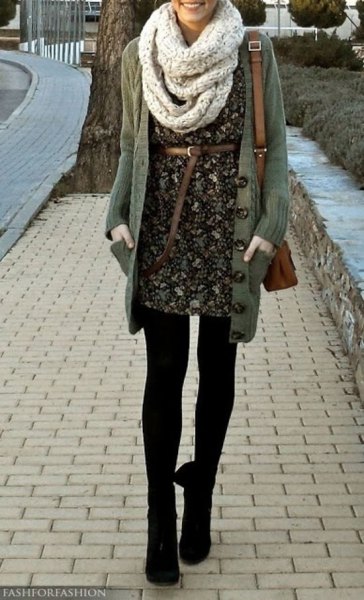belt in floral mini dress with scarf and leggings