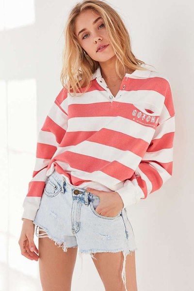pink and white wide striped sweater with mini denim shorts