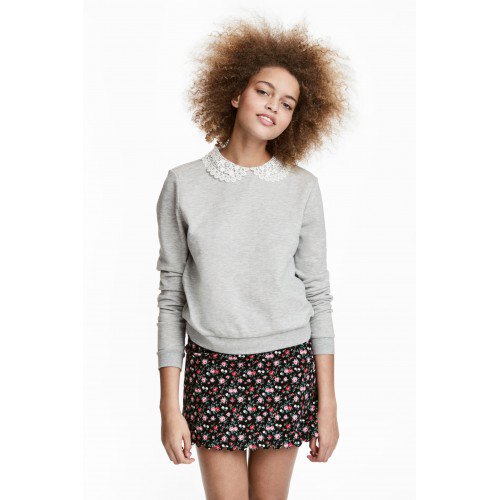 gray lace collar sweater with black mini printed skirt