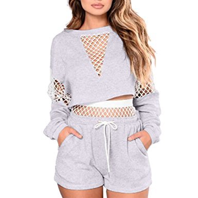 gray long sleeve mesh crop top with matching cotton joggers shorts