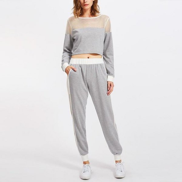 gray net and cropped sweater with matching joggers
