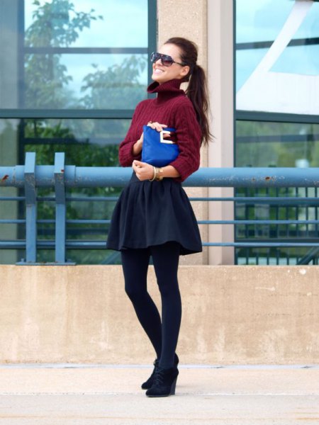 burgundy turtleneck cable knit sweater with skater skirt and black wedges