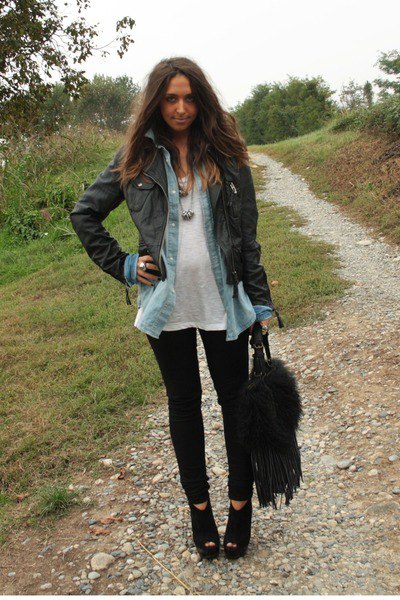 black leather jacket with chambray shirt and wedge with open toe