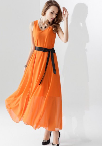 chiffon maxi extended dress with belt