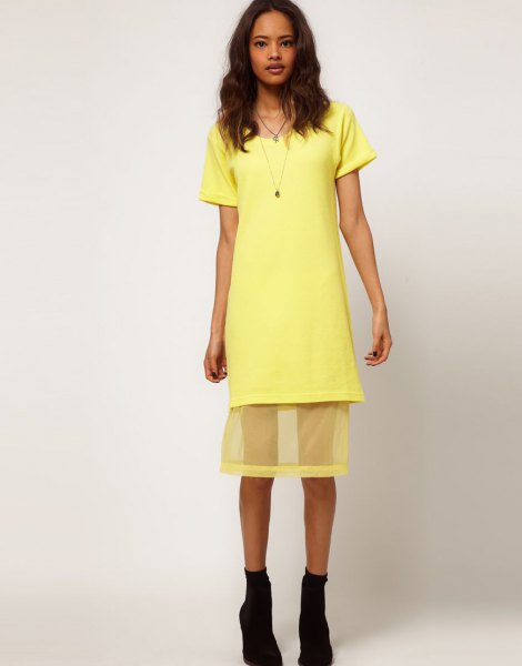 yellow shirt dress with semi sheer mesh overlay