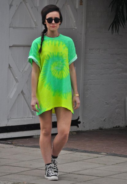 yellow and green tie colored t-shirt dress with sneakers