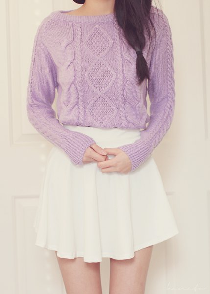 knitted sweater with boat neck cable with white mini pleated skirt