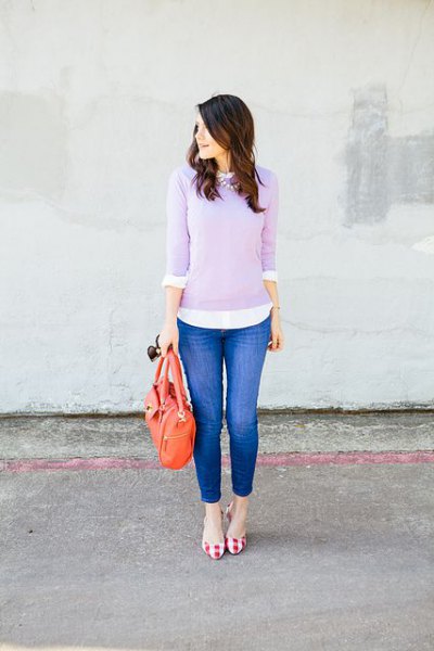 lavender sweater over white shirt