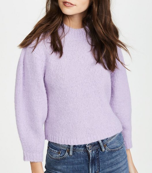 lavender short sweater with waisted jeans