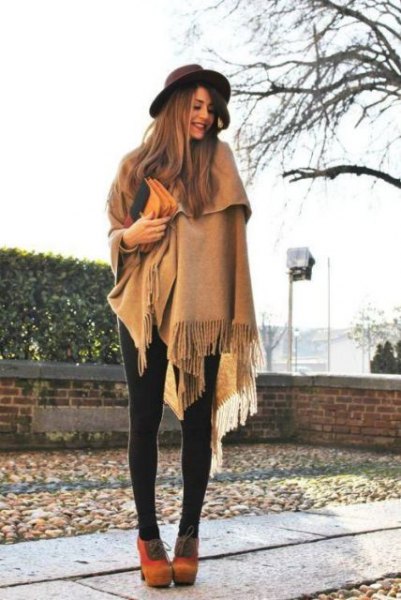 crepe fringe felt scarf with leggings and orange suede ankle boots