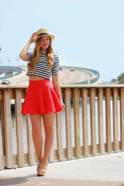 black and white striped half sleeve cropped tee with mini skater skirt